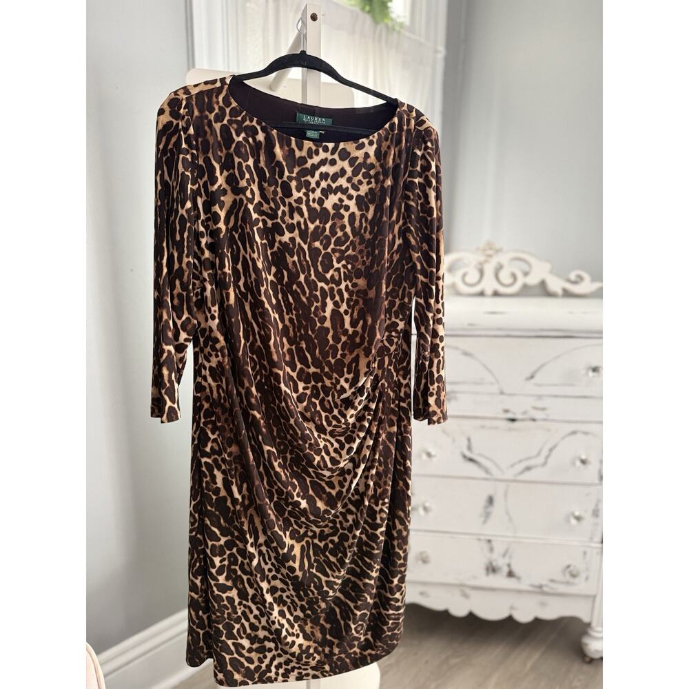 Lauren Ralph Lauren Office Mob Wife Edgy Animal Leopard Print Brown Ruched Dress